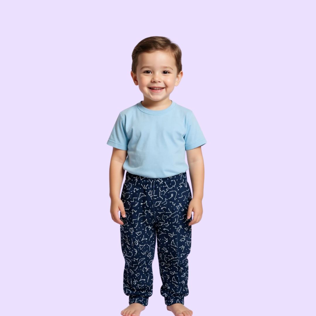 Child wearing a light blue compression shirt and dark patterned pants on a light purple background