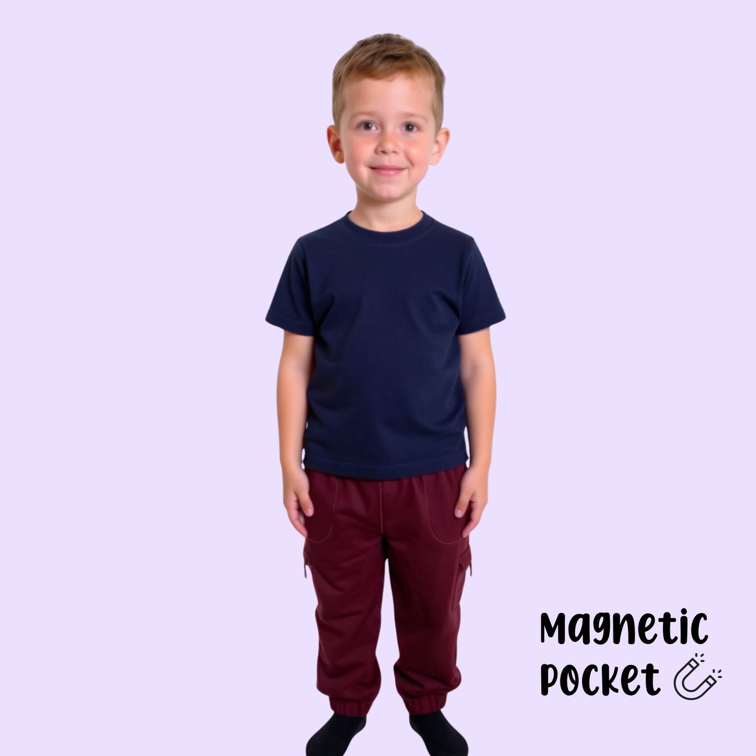 Child wearing a navy compression shirt and red pants on a light purple background. 