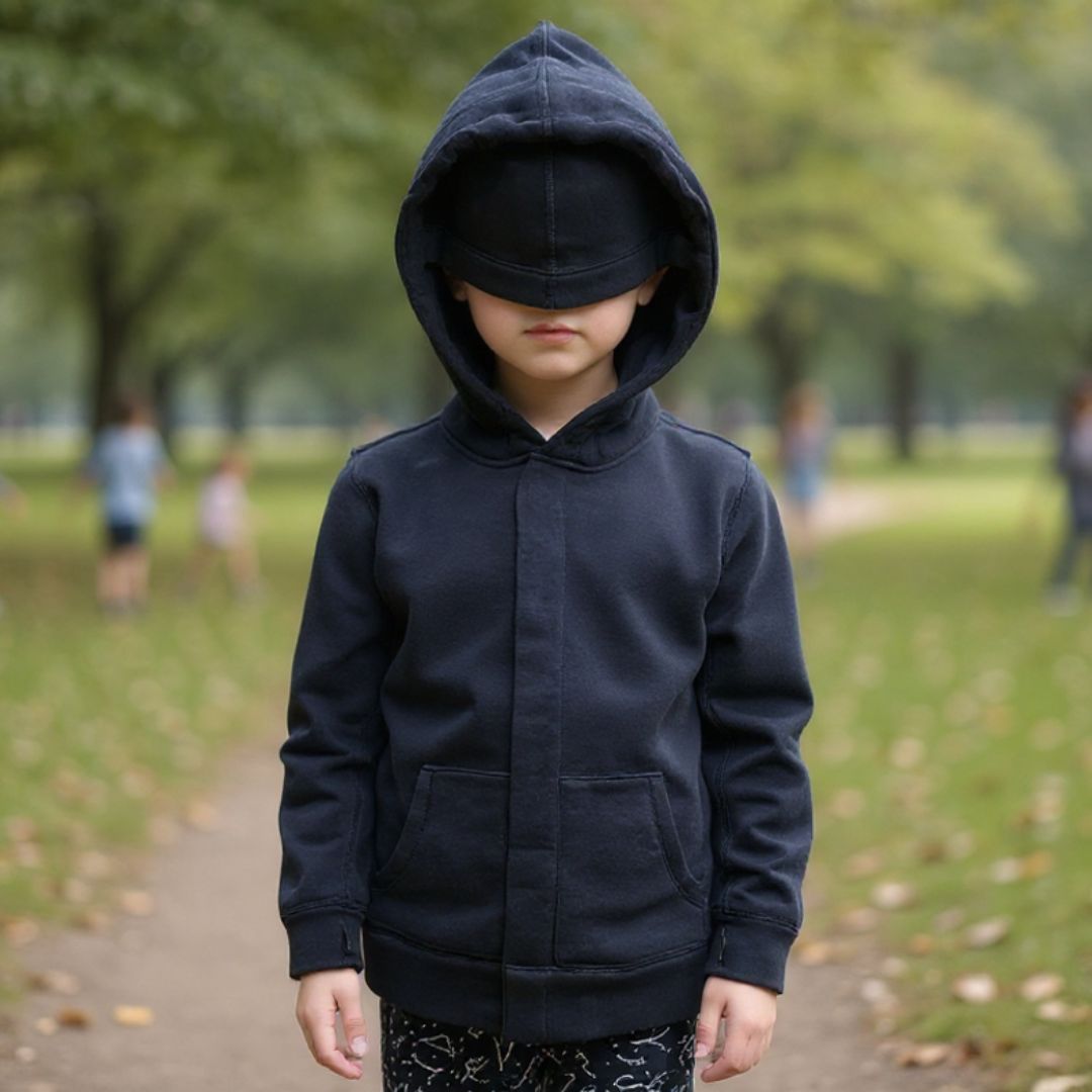 Child in park wearing a sensory friendly hoodie with sound reducing hoodie and eye mask down for a sensory break. 