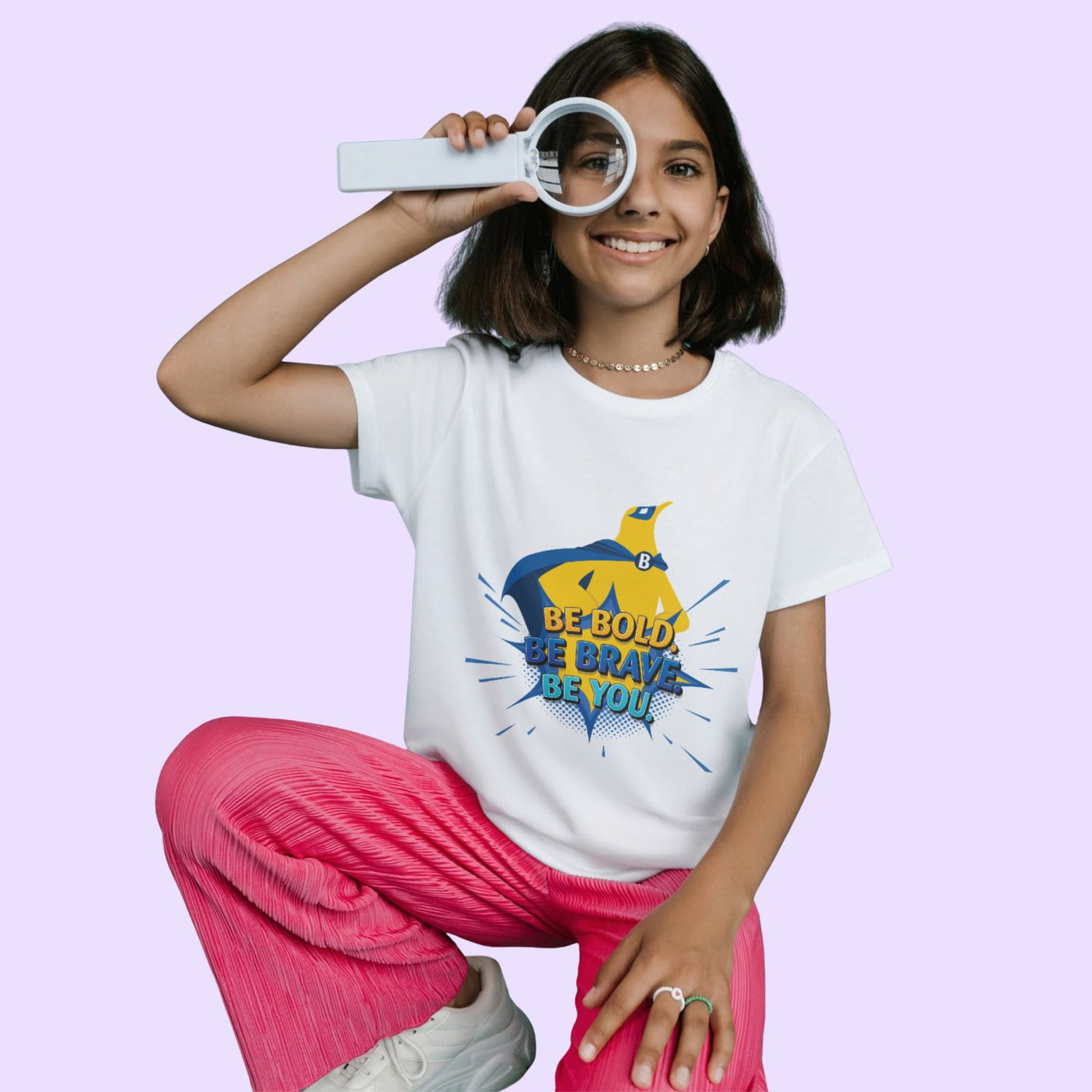 Sensory friendly white t-shrit with Be Bold, Be Brave, Be You written on it.