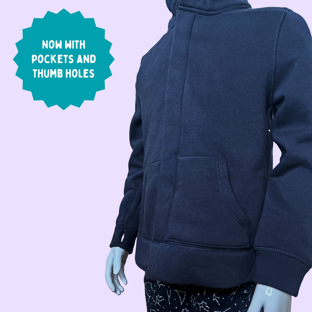 Navy sensory hoodie featuring thumbholes and pockets and magnetic closures as a fidget and help with independence.