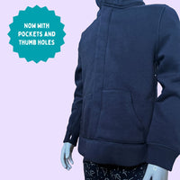 Navy sensory hoodie featuring thumbholes and pockets and magnetic closures as a fidget and help with independence.
