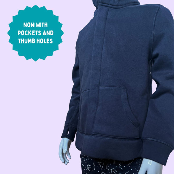 Close-up of the navy QuietSense sensory hoodie laid flat, highlighting the thumbholes at the cuffs, front pockets, and snap-together magnetic closures