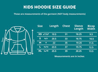 Kids hoodie size guide with measurements on a teal background