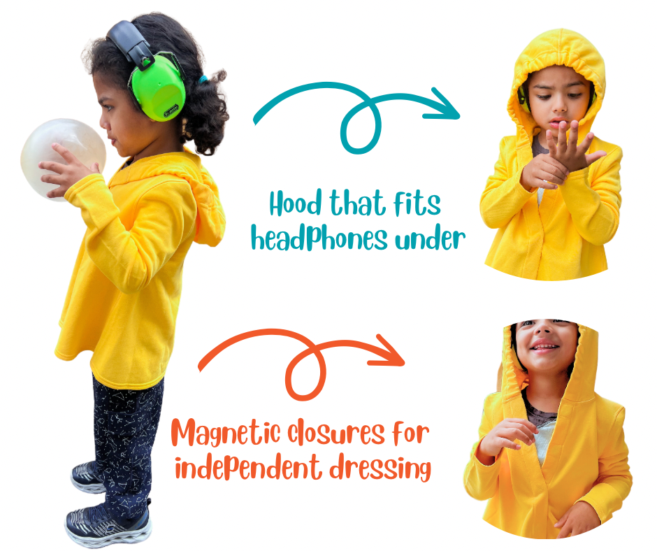 Yellow sensory friendly hoodie with features highlighted on a white background