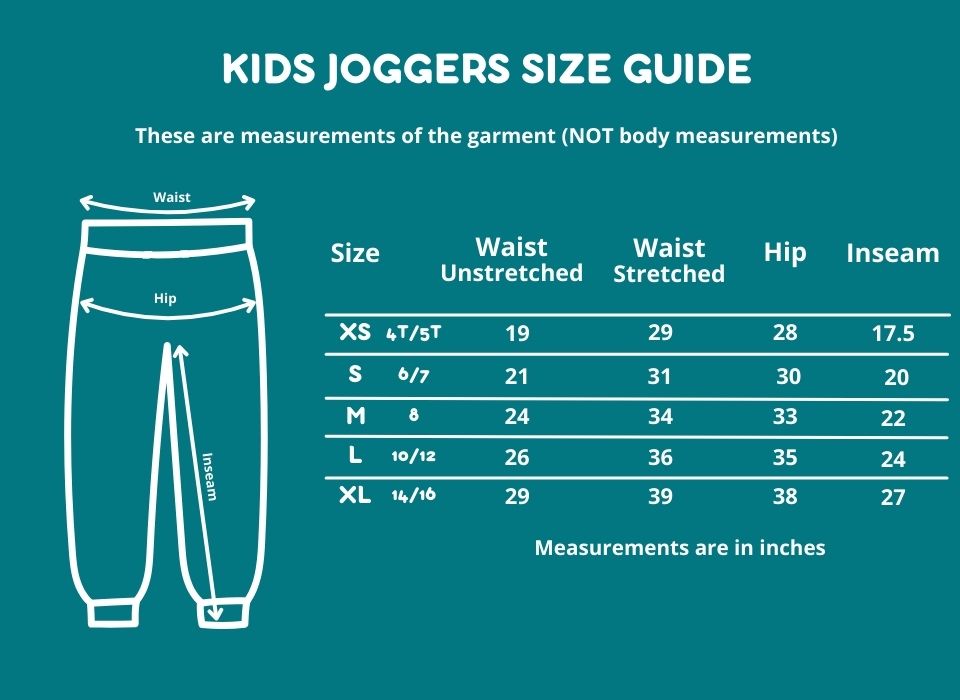 Kids joggers size guide with measurements on a teal background