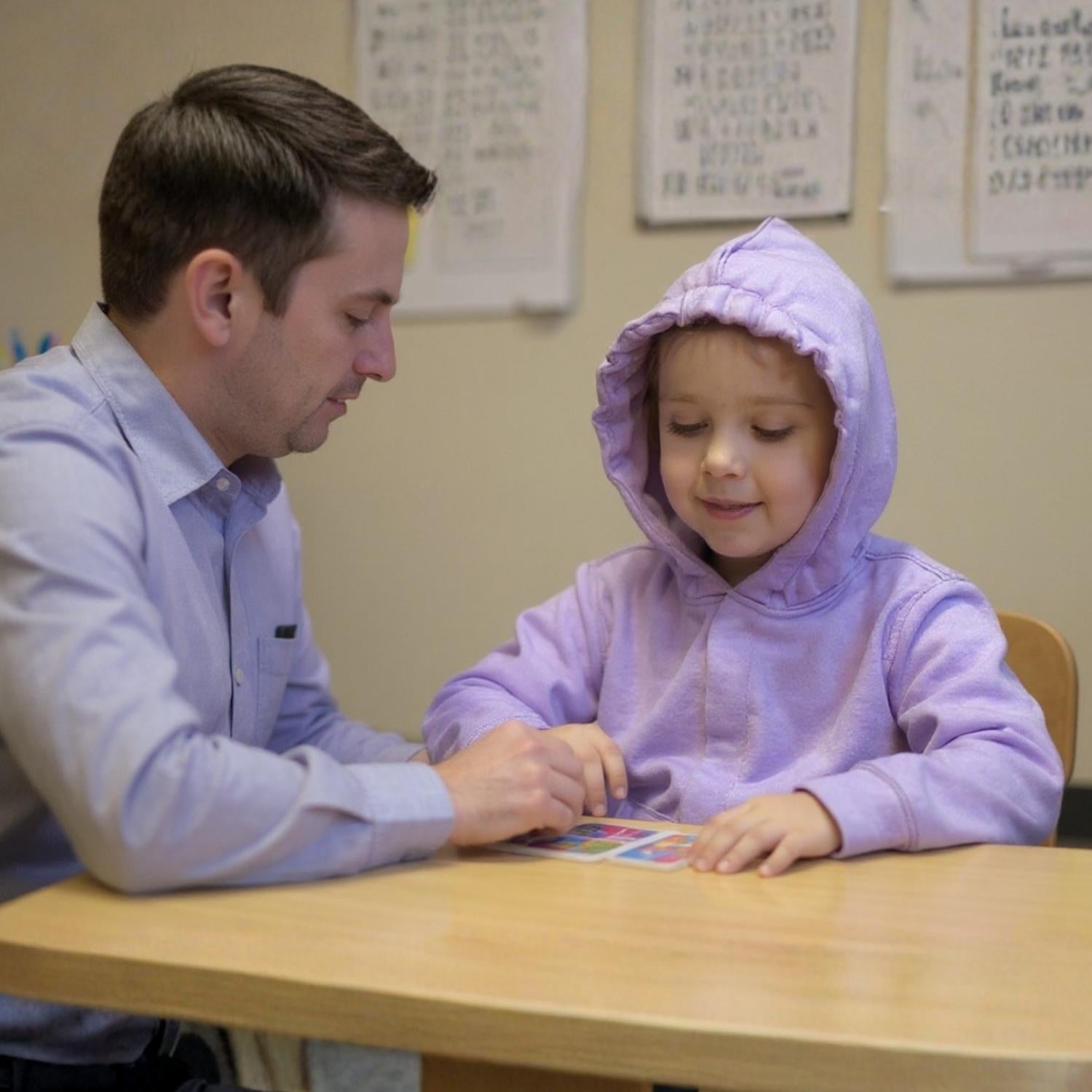 Teacher and child sitting at a table with a flashcards with child wearing a purple sensory hoodie with the hood up.