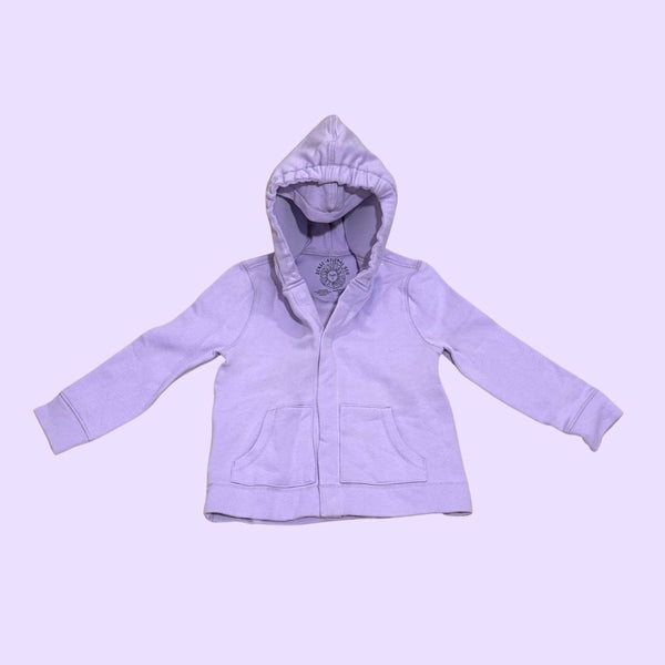 A lilac-colored QuietSense sensory hoodie with the sound-reducing hood up and the built-in eye mask pulled down over the eyes, showing the optional visual-break feature