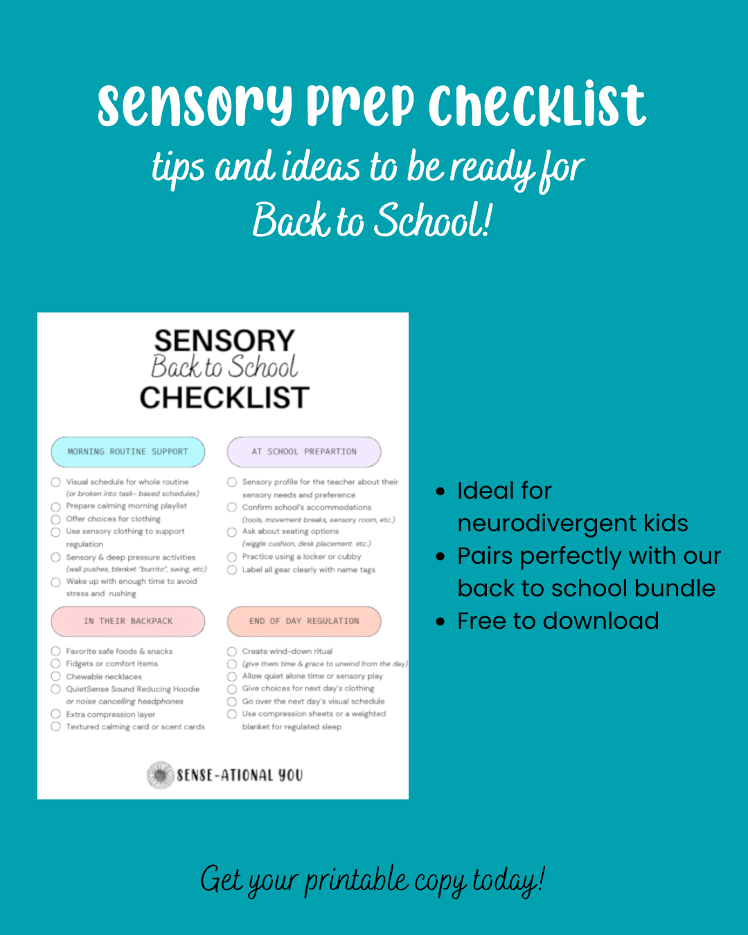Sensory prep checklist for back to school on a teal background