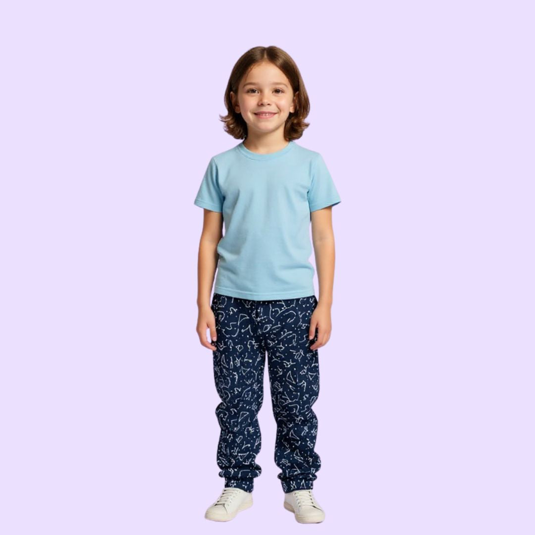 Child wearing a light blue compression t-shirt and dark blue pants with white patterns on a light purple background