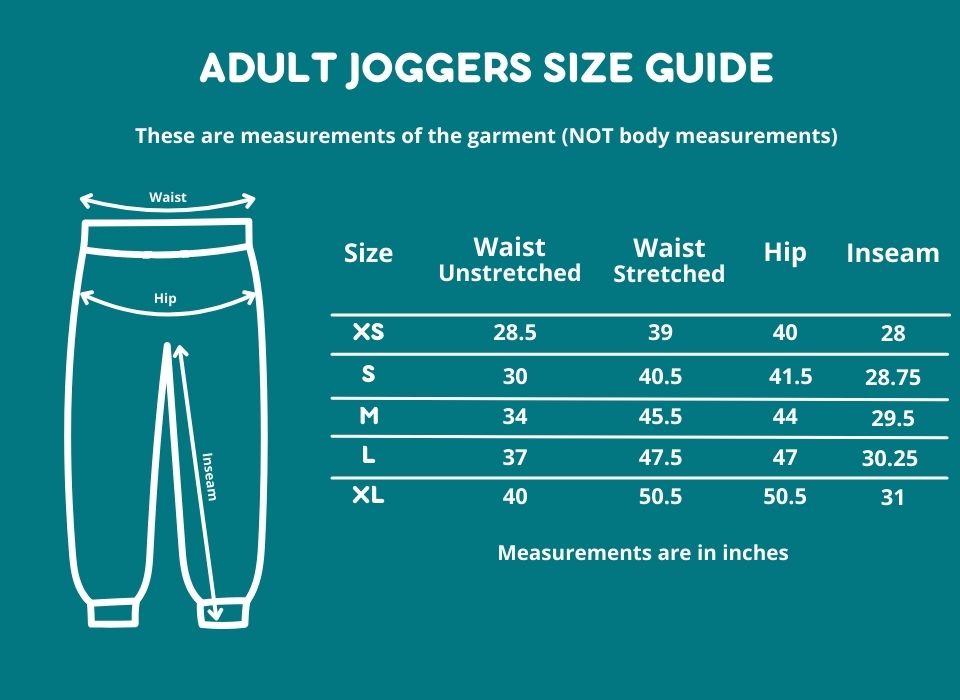 Size chart for adult sensory friendly joggers