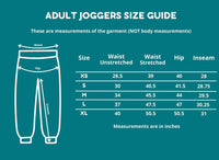 Size chart for adult sensory friendly joggers