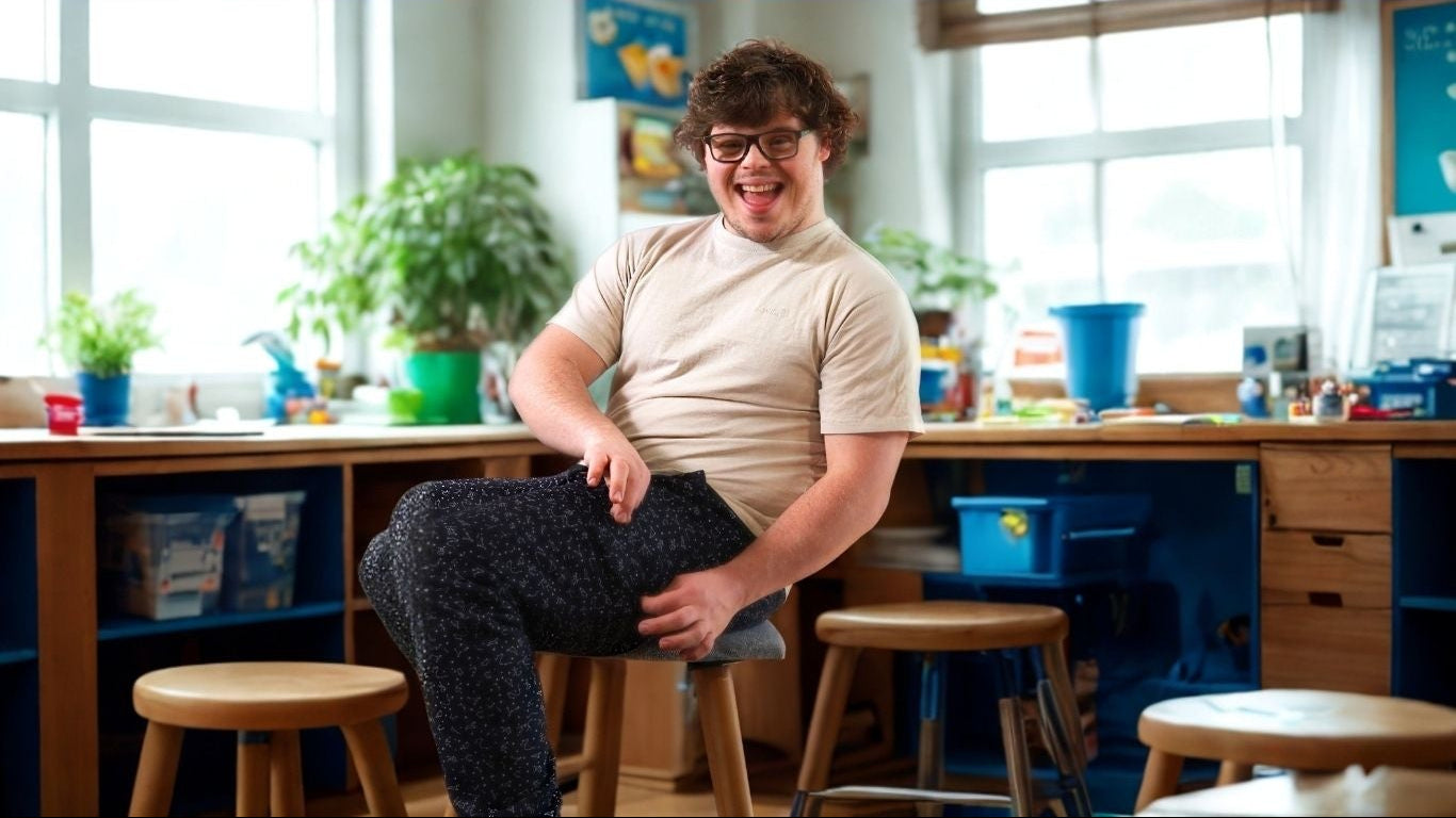 Man with downs yndrome showing off sensory friendly pants with magnetic fidget pocket while sitting. 