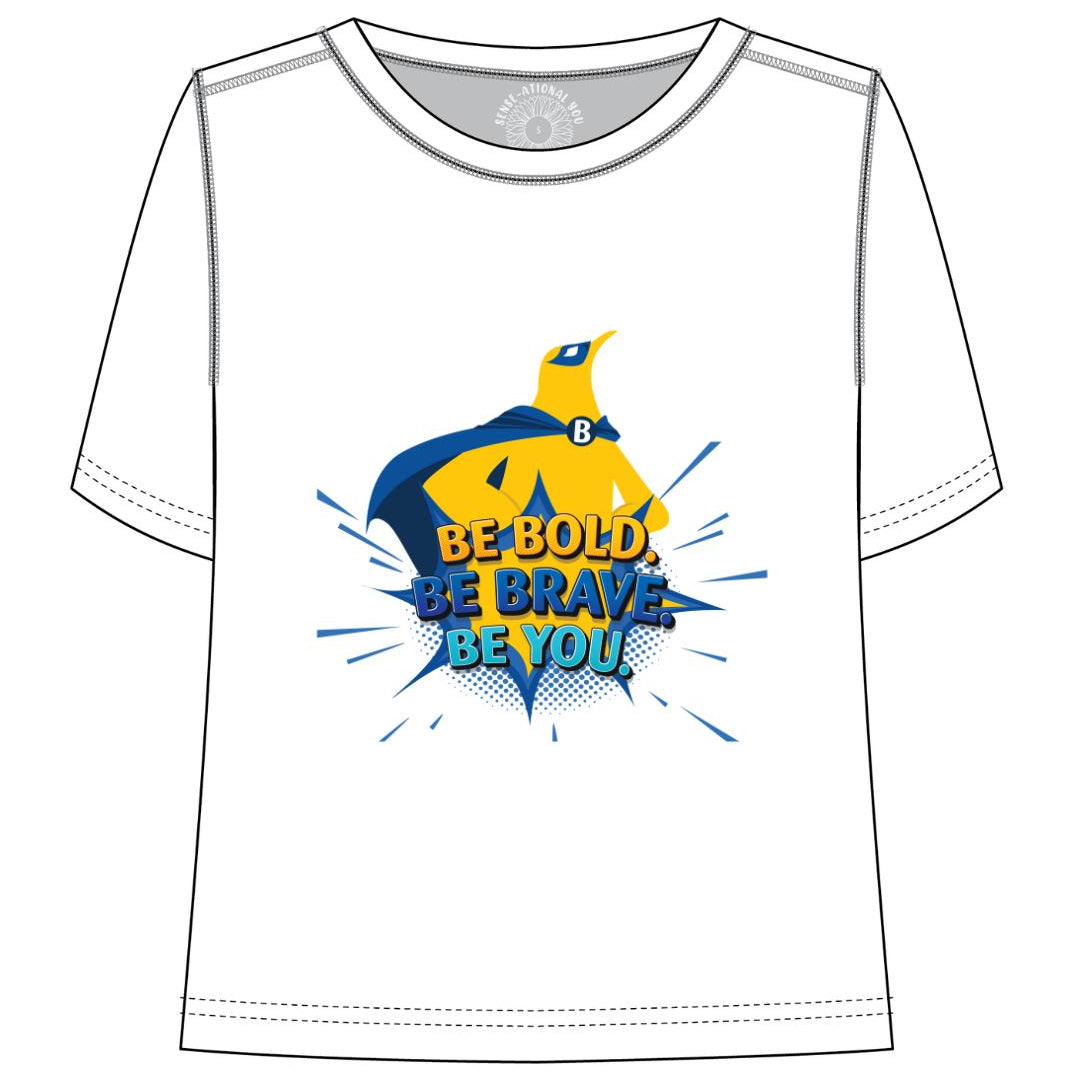 White sensory friendly t-shirt with a superhero graphic and 'Be Bold Be Brave Be You' text on a white background