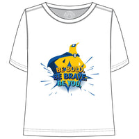 White sensory friendly t-shirt with a superhero graphic and 'Be Bold Be Brave Be You' text on a white background
