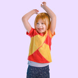 Autistic model in sensory friendly compression t-shirt. Adjustable compression for sensory regulation.
