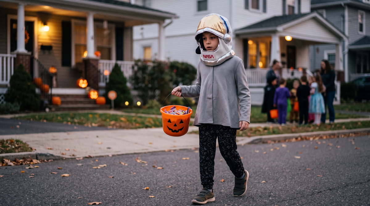 8 year old trick or treating in sensory hoodie and sensory friendly pants with astronaut helmet and pumpkin basket.