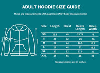 Adult hoodie size guide with measurements on a teal background