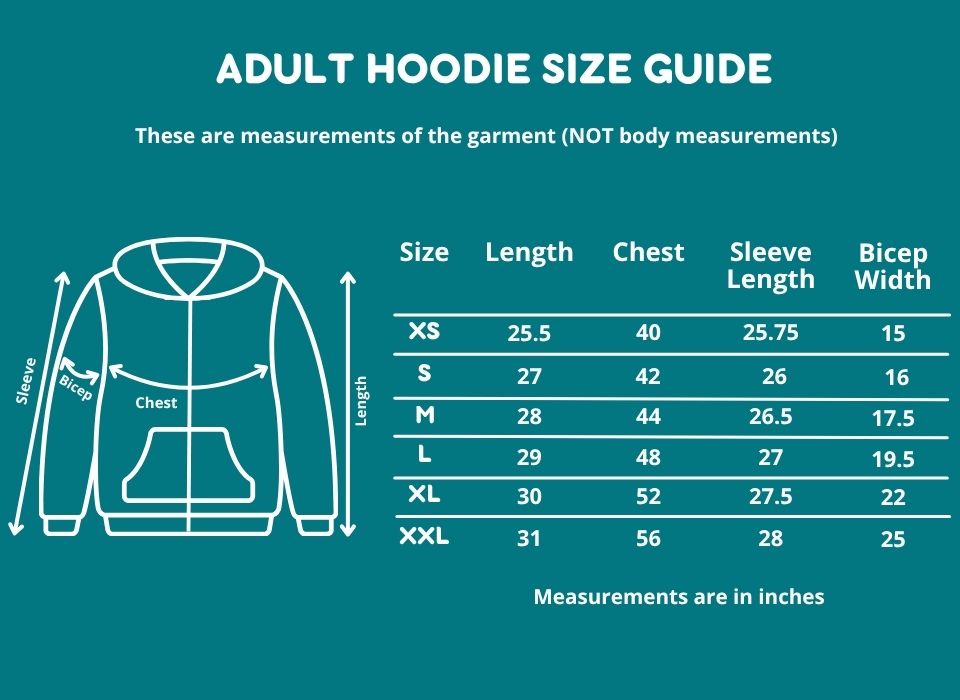 Adult hoodie size guide with measurements on a teal background