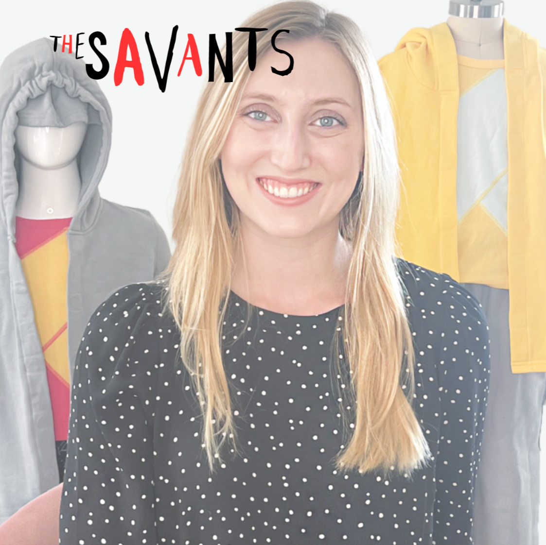 Founder, Julia, with mannequins in sensory clothing behind her. The Savants logo featured on top. 